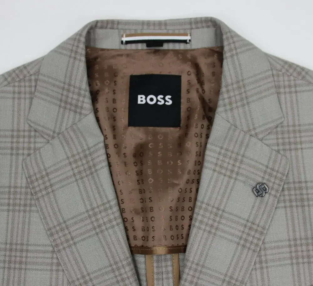 Hugo Boss H-Hutson-233 Blazer Mens 44 L Beige Plaid Wool Slim Fit Sport Coat